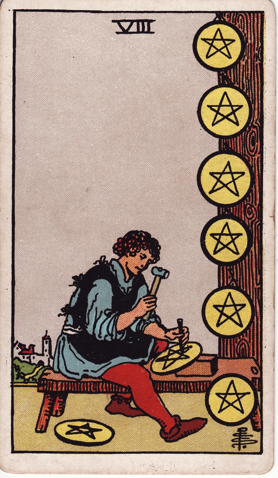 Eight (8) of Pentacles, from the Rider-Waite-Smith tarot