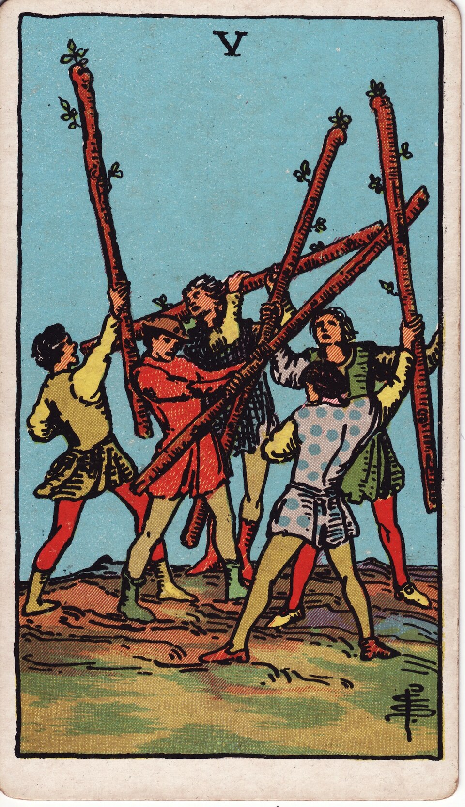 Five (5) of Wands, from the Rider-Waite-Smith tarot