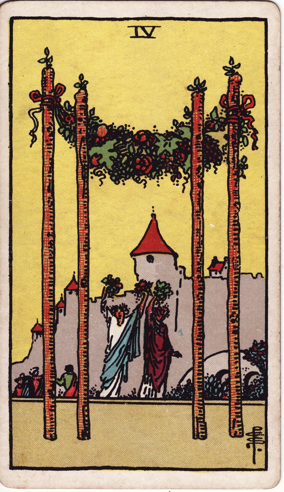 Four (4) of Wands, from the Rider-Waite-Smith tarot