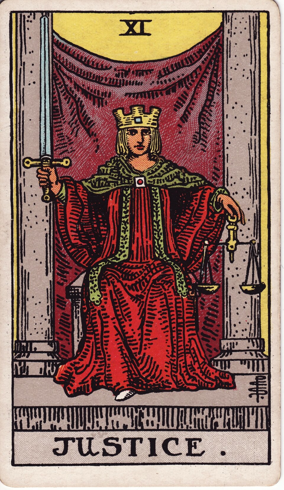 Justice (XI), from the Rider-Waite-Smith tarot