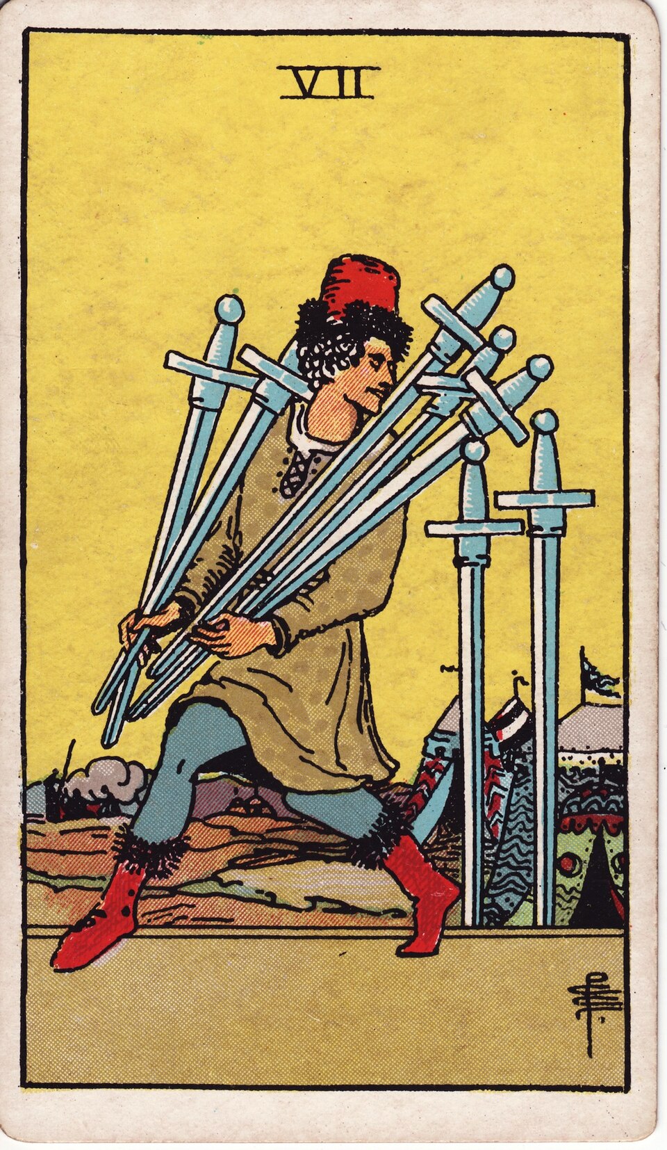 Seven (7) of Swords, from the Rider-Waite-Smith tarot