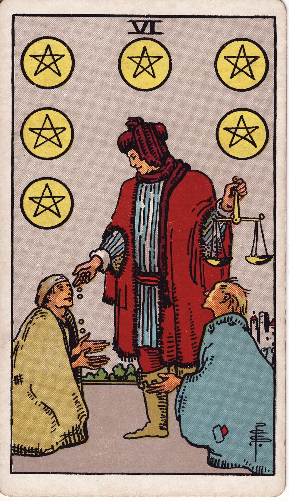 Six (6) of Pentacles, from the Rider-Waite-Smith tarot
