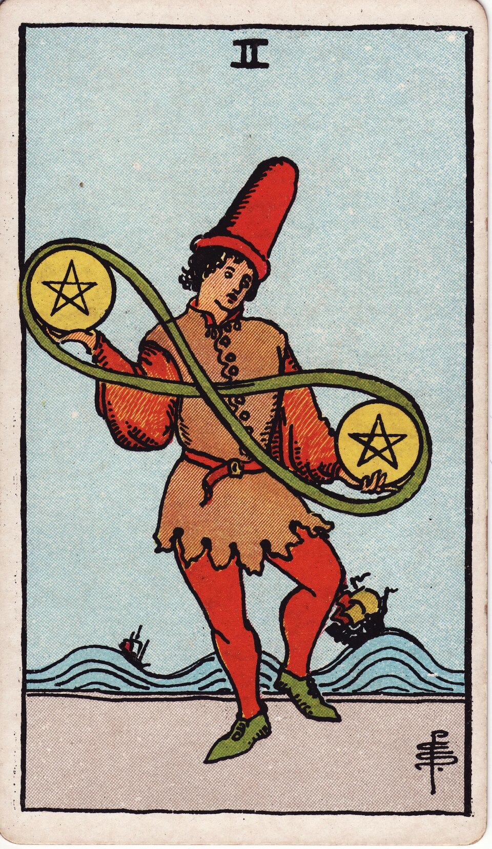 Two (2) of Pentacles, from the Rider-Waite-Smith tarot